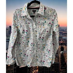 Talbots Button Up Long Sleeve‎ Blouse Shirt Top New York Landmark Doodle" Size M